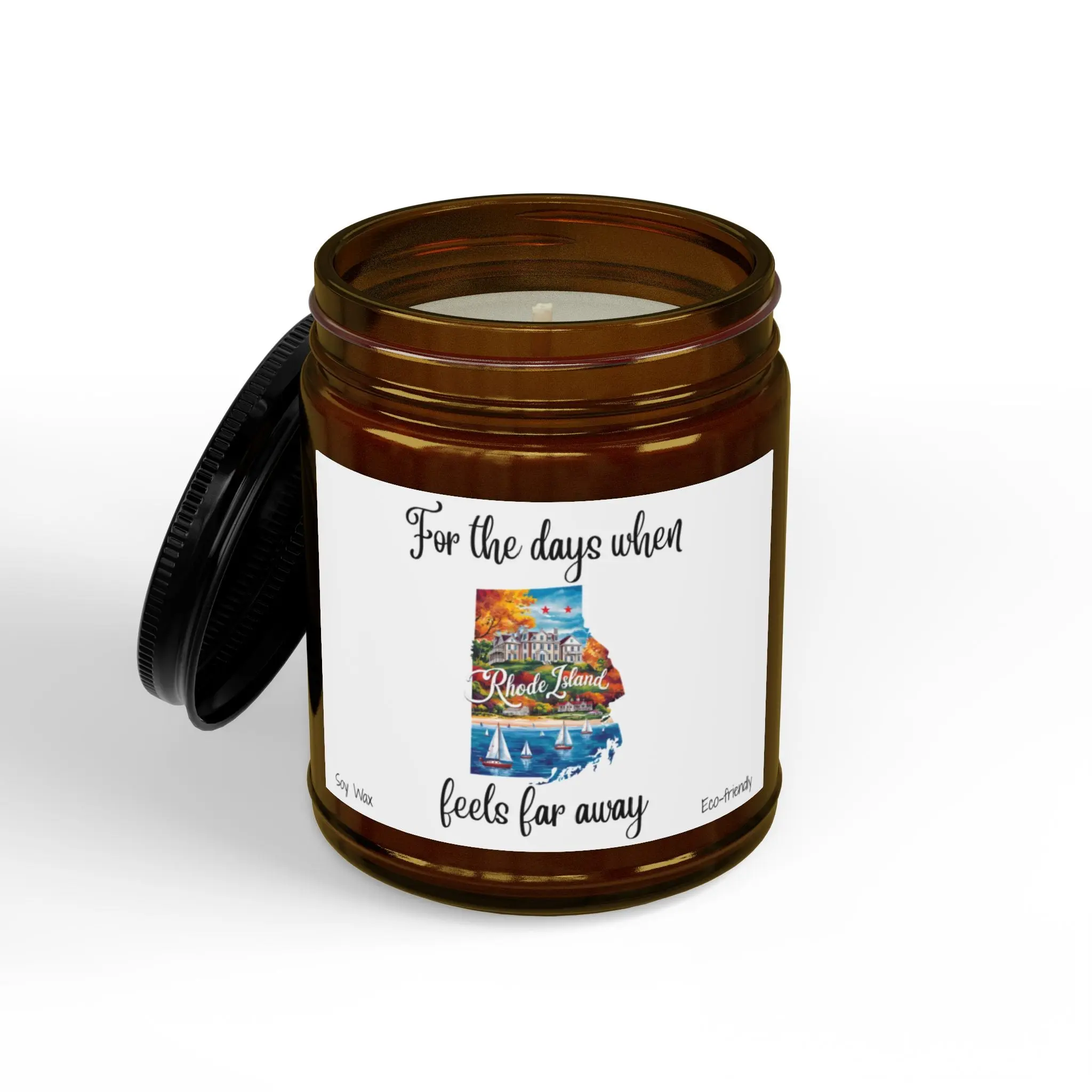 When Rhode Island feels far away, Homesick Rhode Island Gift, State Candle, Travel Gift, Scented Soy Candles Black Lid, Eco-friendly Gift
