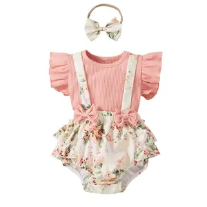 Toddler Baby Flower Printing Three-pieces Set, Infant Girl´s O-neck Flying Sleeve Tops + Suspender Shorts + Headband Set