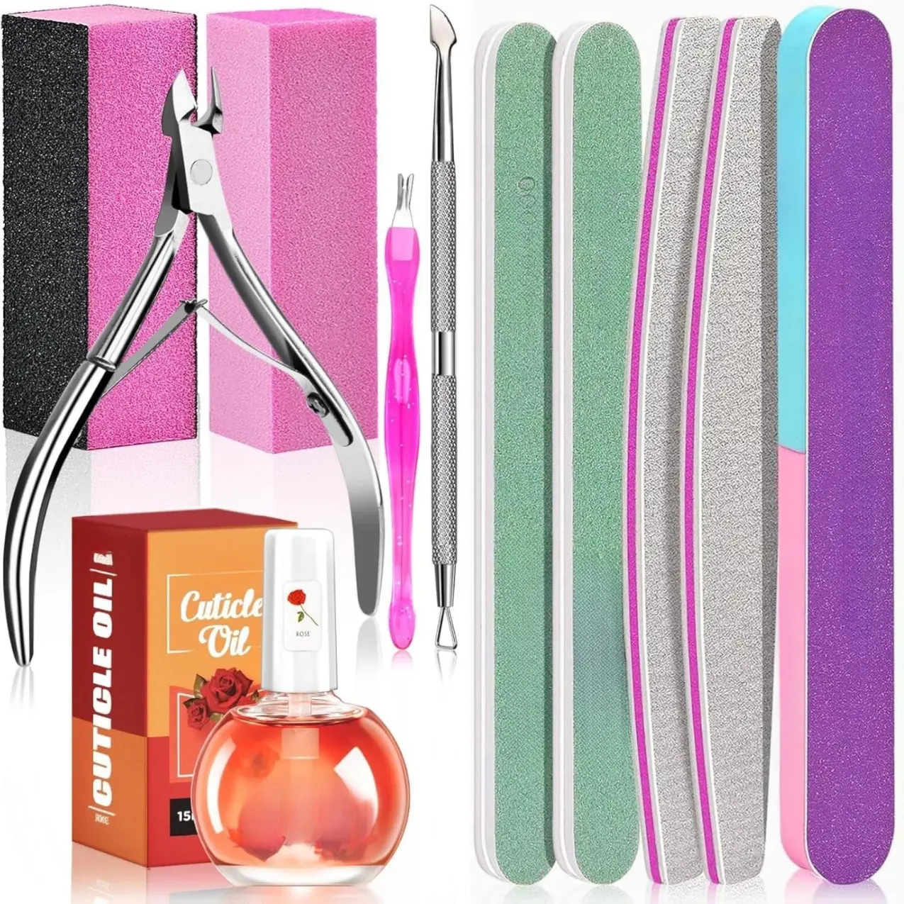 Manicure Tools Kit Nail Care Kit with 3PCS Files, 2PCS Buffer Blocks, 2PCS Polishing Buffers, Cuticle Nipper, Pusher and Cuticle Oil