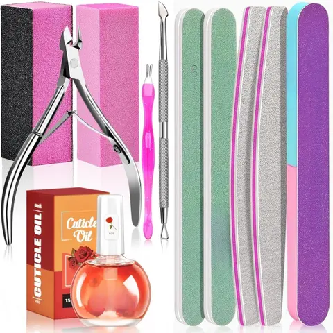 Manicure Tools Kit Nail Care Kit with 3PCS Files, 2PCS Buffer Blocks, 2PCS Polishing Buffers, Cuticle Nipper, Pusher and Cuticle Oil