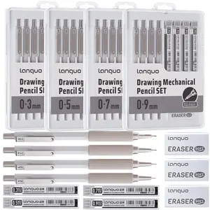Metal Mechanical Pencil Set,Retractable pen tip,Anti-break core,4PCS Art Drafting Pencils0.3, 0.5, 0.7, 0.9MM with 80PCS Leads Refills 3PCS Erasers Case for Writing Sketching Drawing Art Supplies Art Materials
