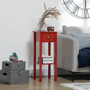 Narrow 2 Tier End Table Red Finish with Storage Drawer and Lower Shelf Stable 33 lbs Load Bearing for Apartment Dorm Sofa Side Use