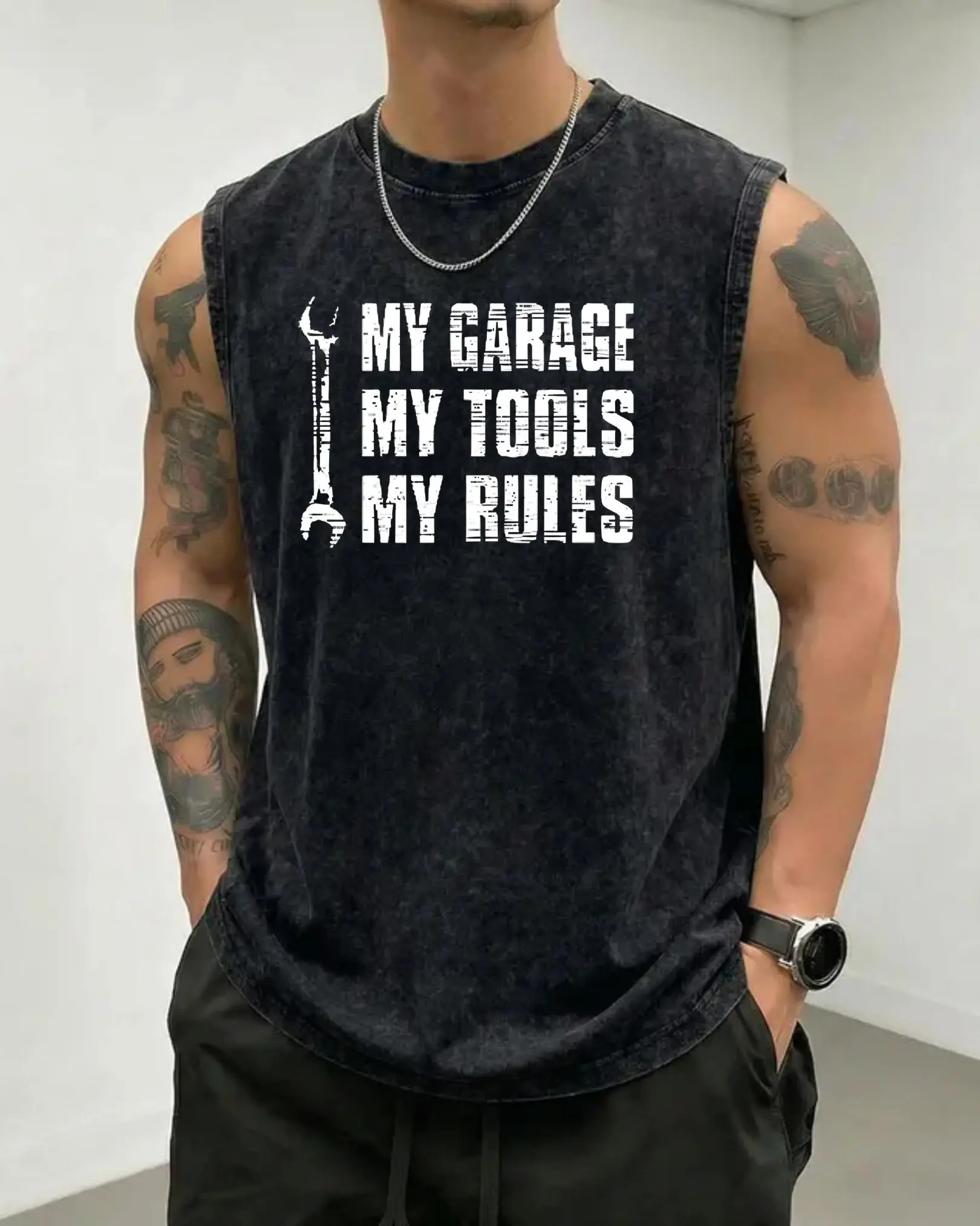 My Garage My Tools My Rules Washed Tank TOP, Washed Black Muscle Shirt | Funny Car Enthusiast Gift for Dad & Handyman