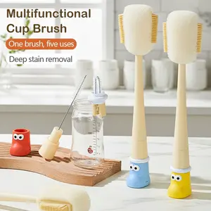 Multifunctional Cup Brush Set - 5-in-1 with Silicone & Sponge Heads for Bottles Mugs - Deep Stain Removal & Compact Design