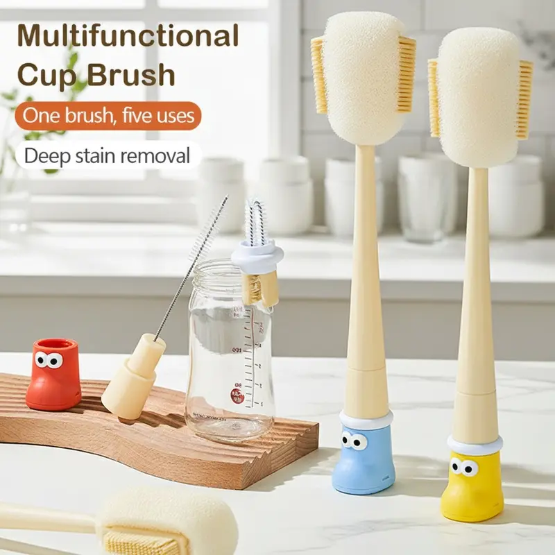 Multifunctional Cup Brush Set - 5-in-1 with Silicone & Sponge Heads for Bottles Mugs - Deep Stain Removal & Compact Design