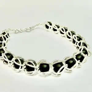 Black Matte Captured Bead Jewelry Set - Silver Chainmaille Bracelet & Earrings with Brown Beads for Everyday Wear or Special Occasions