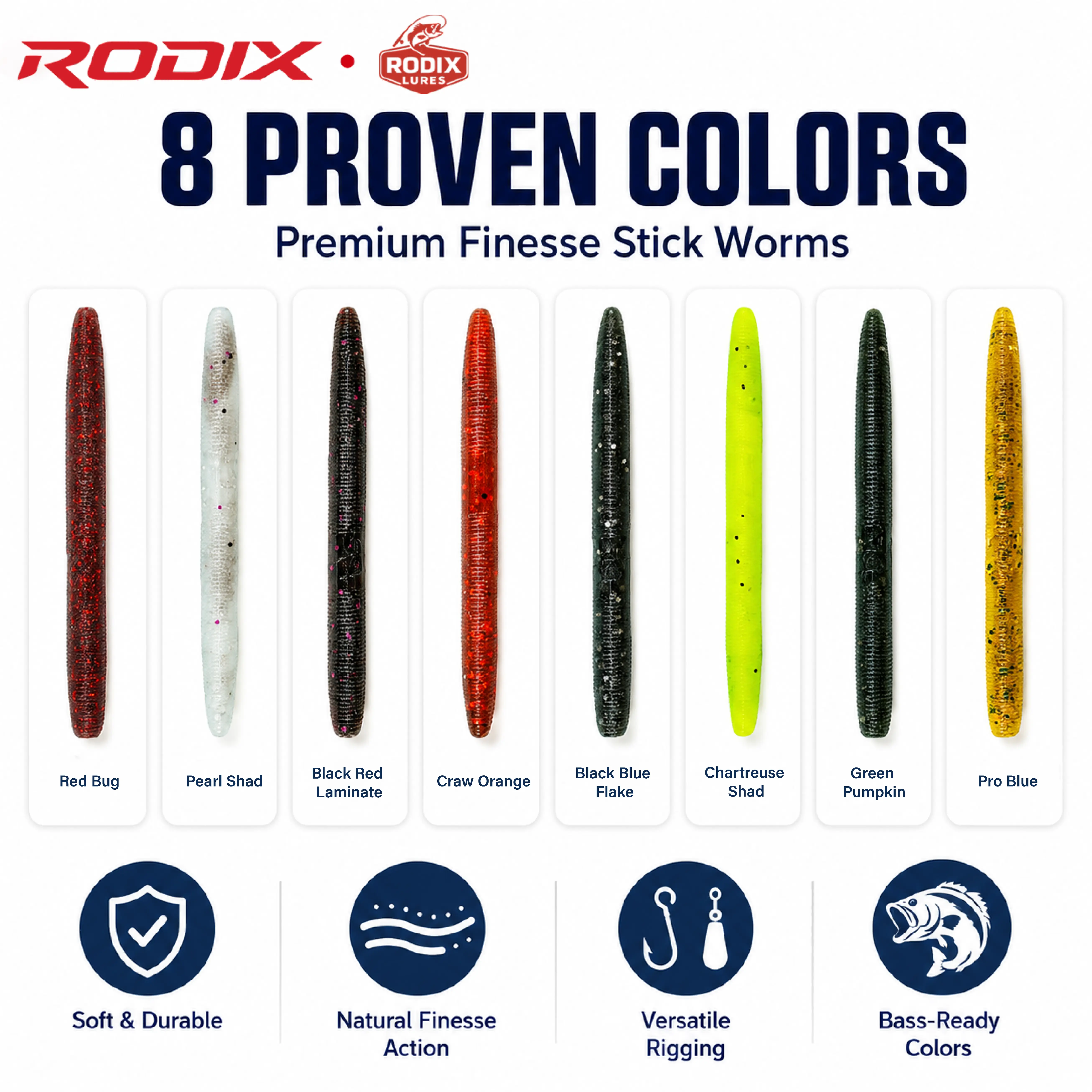 RODIX 3 Inch Stick Worm High Salt Ribbed Finesse Soft Plastic Bait Micro Flash Flake Subtle Quiver Action Freshwater Bass Lure 8 Color Variants