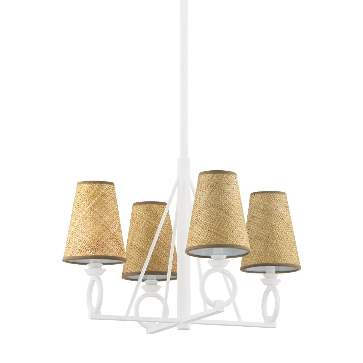 Pendelton 4-Light Chandelier With Woven Buri Palm Leaf Shades And Elegant White Plaster Finish
