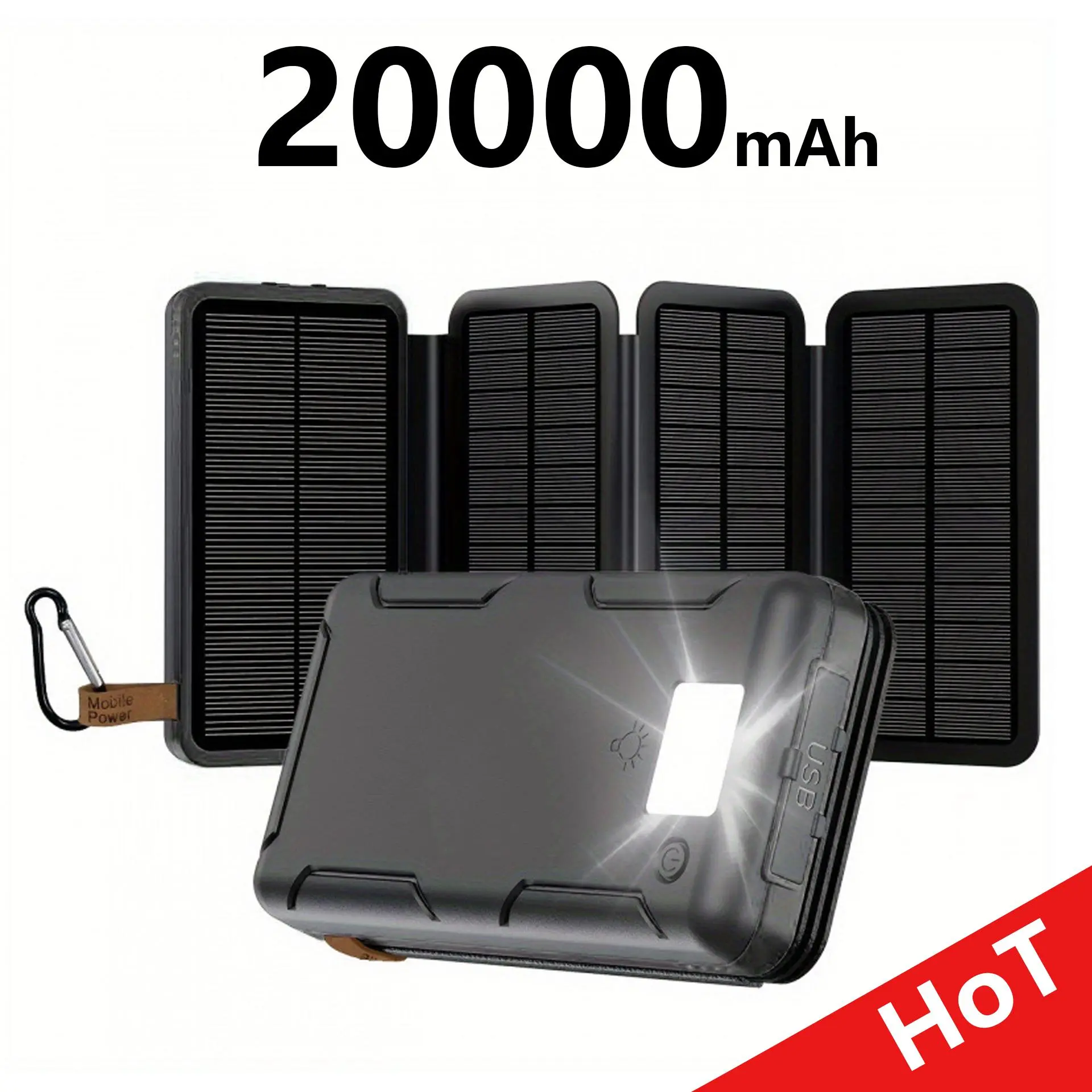 20000mAh Portable Solar Power Bank with 4 Foldable Solar Panels, 3 Built-in Charging Cables and Carabiner, Solar Charger Perfect for Travel, Camping, Hiking, Back To School