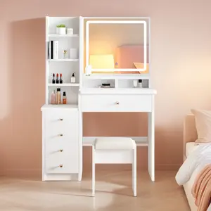 Makeup Vanity Desk with Mirror and Lights,White Vanity with Multiple Drawers ,Small Vanity Desk,Adjustable Brightness+Large Mirror with Streamlined Design, Vanity Desk with Drawer Bedroom Dressing Table