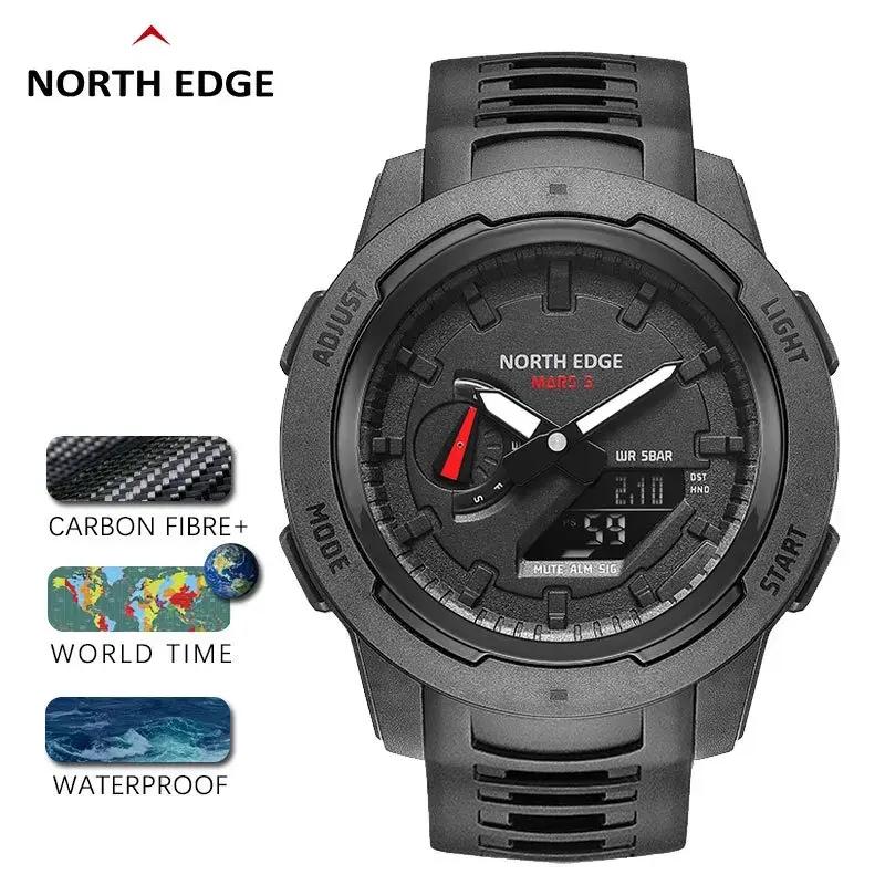 North Edge Men's Modern Waterproof Field Watch with Carbon Fiber Case & TPU Strap, Multifunctional Casual Quartz Analog with Dual Display & Alarm, Modern Waterproof Watch, 50M - 100M, Round Dial, Analog-Digital, Mineral Glass