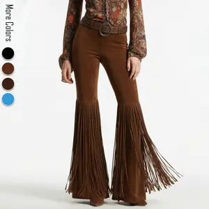 Women's Soft Suede High Waist Slimming Tassel Flared Leg Pants, Stylish Stretchy Suede Blend Trousers for Fall & Winter, Dynamic Solid Color Casual Outfit