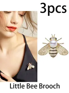 3pcs Pearl Full Drill Bee Brooch, High-Quality Alloy Material, Cute Animal Design, Perfect for Suits, Coats, Sweaters, Elegant Accessory