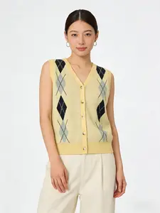 Women's Spring Summer Casual Colorblock Knit Vest, Simple Front Button Ribbed Diamond Pattern, College Style Home Wear