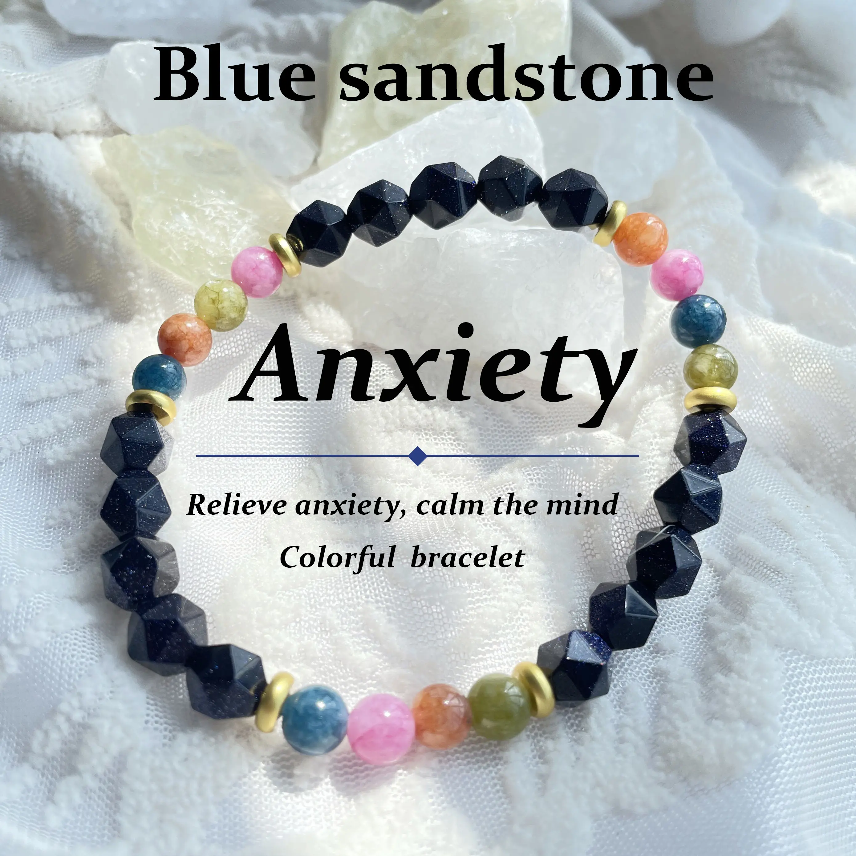 [Free 14K Gold Pendant] Unisex Exquisite Trendy Natural Blue Sandstone Rainbow Crystal Bracelet - April Birthstone Jewelry for Good Luck, Emotional Healing Balance, Unease Soothing & Anxiety Relief, Exquisite Trendy Bracelet