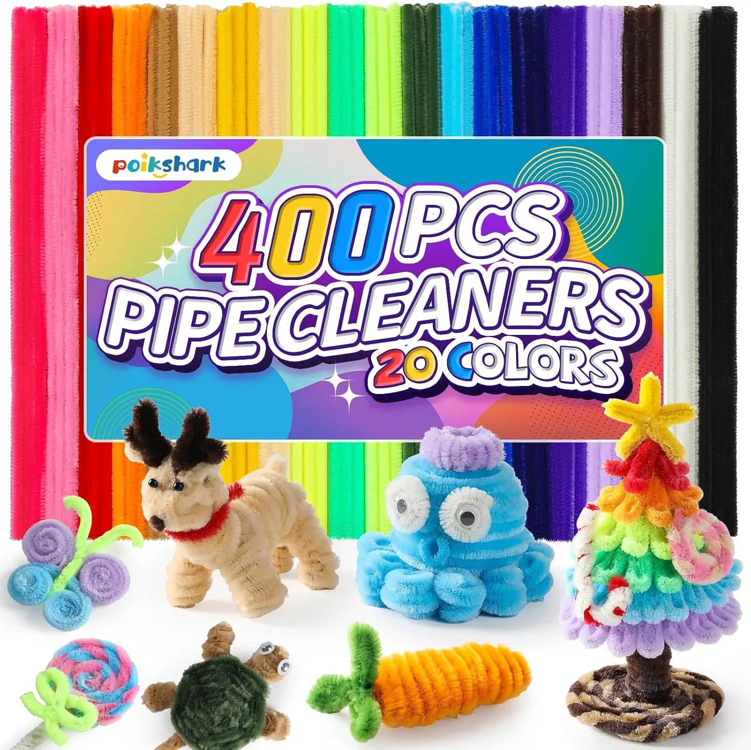 POIKSHARK 400 PCS Thick Pipe Cleaners Craft, Multi-Colored Chenille Stems for Craft Supplies & Materials, Fuzzy Pipe Cleaners Bulk for DIY Arts Projects, Rainbow Pipe Cleaners(12inch*6mm)