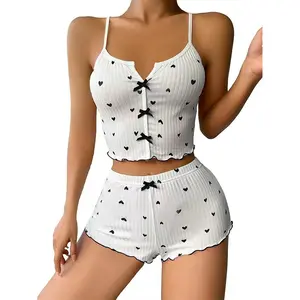 Women's Heart Print Contrast Lace Pyjama Set, Lettuce Trim Spaghetti Strap Camisole & Shorts PJ Set, Soft Comfy Sleepwear & Loungewear Perfect for 2026 Summer Daily Relax, Sleep & Casual Home Outfits