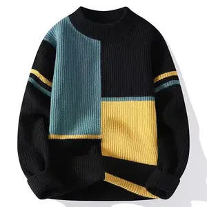 Men's Oversized Color Block Sweater - Warm Winter Knitwear Loose Fit Casual Pullover, Soft Thermal Comfort for Fall Winter Long Sleeve Round Neck Crew