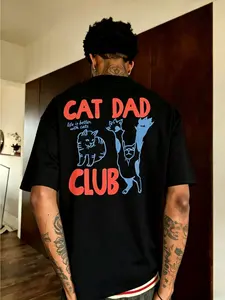 Men's Cat Dad Club Graphic T-Shirt, Large Cat Print, Loose Fit, Casual Summer Short Sleeve, Street Style, Long Clothing