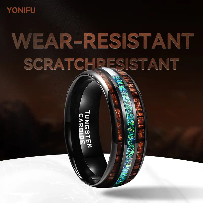 Yonifu Tungsten Carbide Wedding Band - 8mm Scratch Resistant Tungsten Rings, Blue Opal Inlay, Unisex Comfort Fit Everyday Engagement Band for Men and Women, Scratch Res.