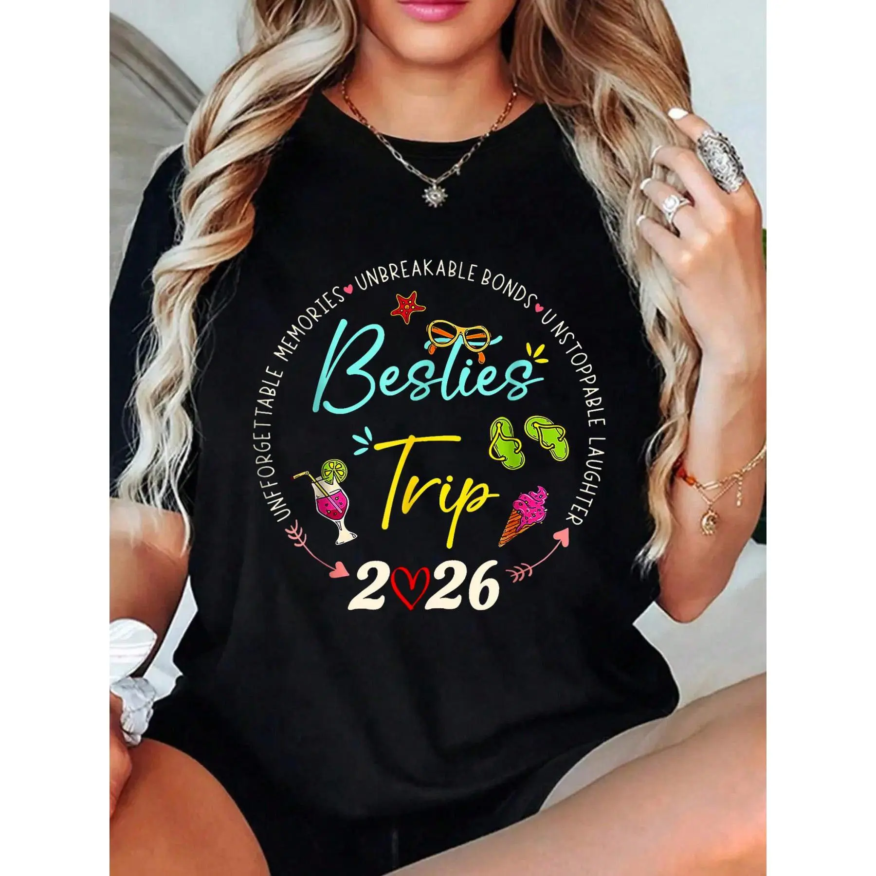 Retro "Besties Trip 2026" Graphic T-Shirt for Women, Essential 100% Cotton Crew Neck Top for a Friends Vacation, Tops, Day, Comfortable, Fabric, Tee, Simple