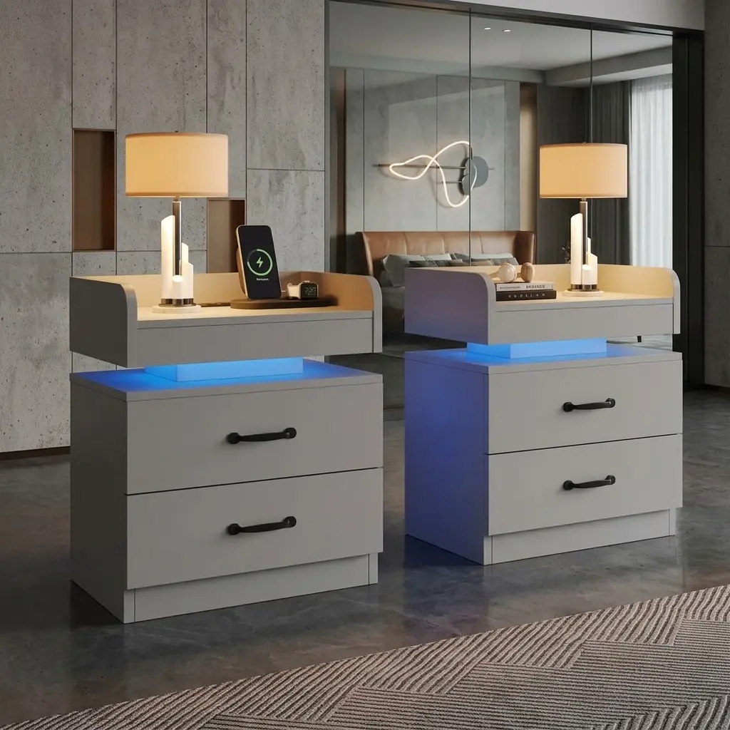 2-Pack Modern LED Nightstand with Drawers, Floating Multicolor Bedside Table, 2-Drawer Storage Cabinet, Indoor Bedroom Gaming Room Furniture