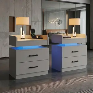 2 Pack Modern LED Nightstand 2 Drawers Multicolor Floating Bedside End Side Table Storage Cabinet Home Furniture for Bedroom Gaming Room Living Room