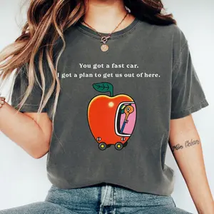 Fast Car T-Shirt, Apple Car Driving Design, Tracy Chapman Quote Tee, Whimsical Escape Shirt, Richard Scarry
