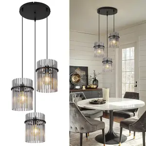 3-light pendant light, black dining room pendant light, tabletop pendant light, with gray glass cylindrical lampshade, adjustable pendant light, modern cluster hanging light, Home Decor Light, suitable for kitchen island sink dining room bedroom