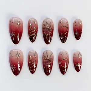 Gothic Nails/Burgundy Cat Eye Press On Nails Short Almond Nails/Sun Star Nails/3D Chrome Nails/Cat eye nails/Fall nails/Snake Nails Gold
