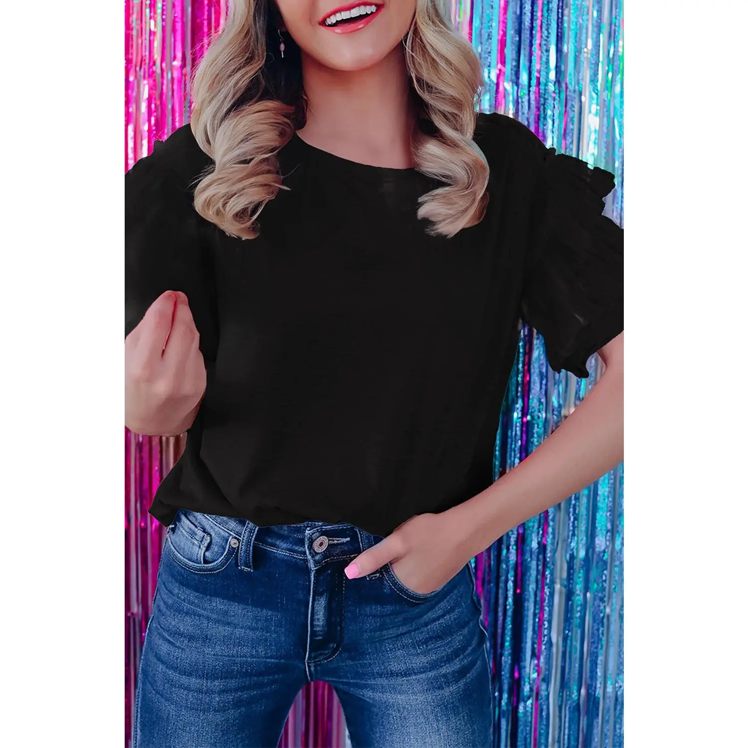 Black Tulle Ruffle Sleeve Blouse