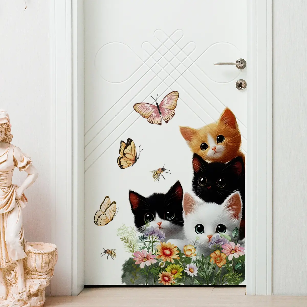 A creative Decorative Sticker wall sticker featuring a kitten, flowers, and butterflies, suitable for bedroom and living room background walls, home decoration, self-adhesive, Adhesive Stickers, M13576-KN