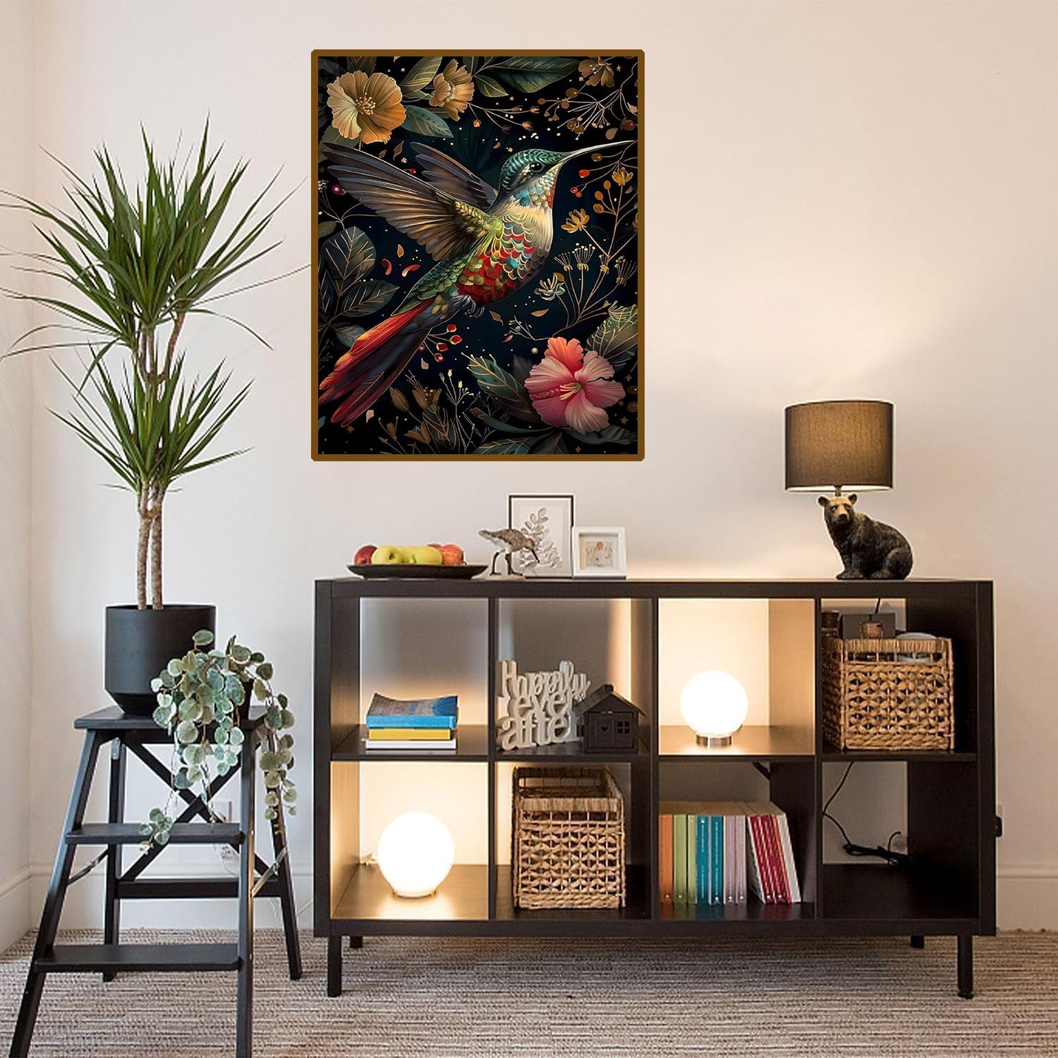 GemZono 5D Diamond Painting Kit, Vibrant Iridescent Hummingbird, Vintage Warm-Tone Floral Leaves, Dark Starry Background, Tropical Diamond Art Botanical Art Crystal Rhinestone DIY Wall Decor Gift (Toys & Hobbies, Needlework)
