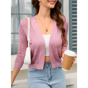 2025 Women’s 3/4 Sleeve Crochet Knit Open Front Cropped Cardigan Shrug Bolero Lightweight Sweater Tops