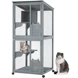69" Wooden Catio Outdoor Cat Enclosure, Indoor and Outdoor Catio with Waterproof Roof and Resting Boxes & Fixable Wheels