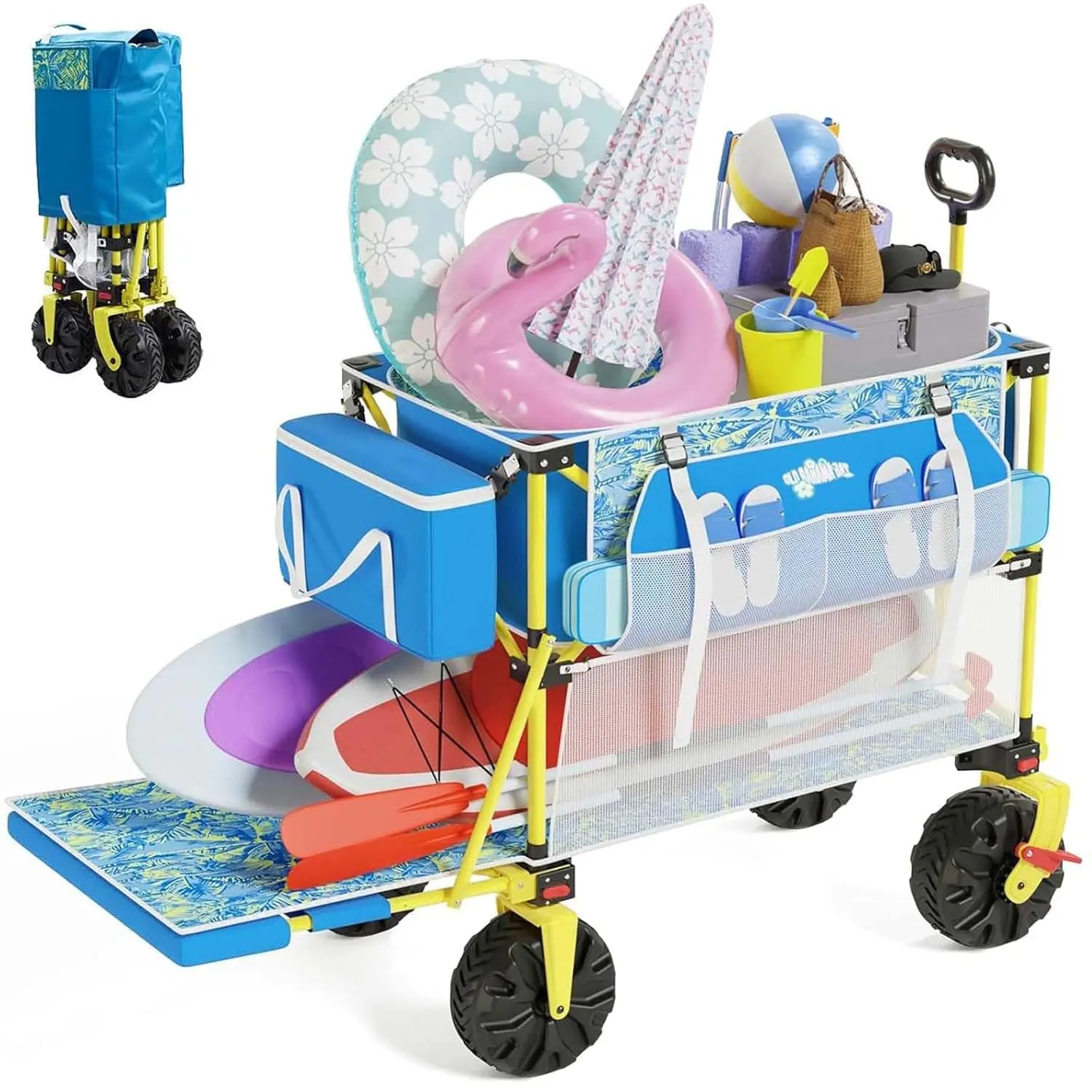 [Summervibes] 400L Collapsible Double Decker Beach Wagon with Cooler Bag, 450LBS Heavy Duty Folding Beach Cart with 54" Extra-Long Tailgate, All-Terrain Big Wheels with Brakes for Outdoor, Camping, Sports, Shopping
