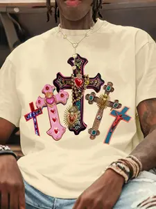 Men's Jesus Cross Print T-Shirt, Y2K Gothic Aesthetic Top, Colorful Cross Print, Casual Streetwear, Fitted Short Sleeve, Daily Style