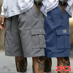 2-pack men’s cargo shorts, drawstring waist with multiple pockets, stylish letter tag, loose fit with elastic drawstring waistband, lightweight breathable fabric, multifunctional pockets suitable for summer sports and everyday wear