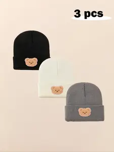3pcs Baby Beanie Hat, Bear Design for Infants & Toddlers, Winter Warm Knitted Caps for Boys & Girls, Casual Fall/winter Outdoors Hat Set