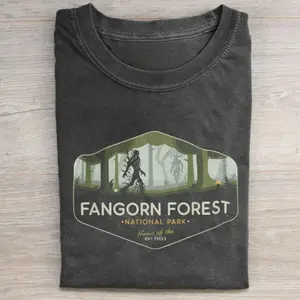 Vintage Fangorn Forest National Park Graphic Tee - The Lord of the Rings Movie Shirt - LOTR - The Hobbits - Middle Earth - Tolkien - Fantasy Rings Menswear Top Round Neck Black