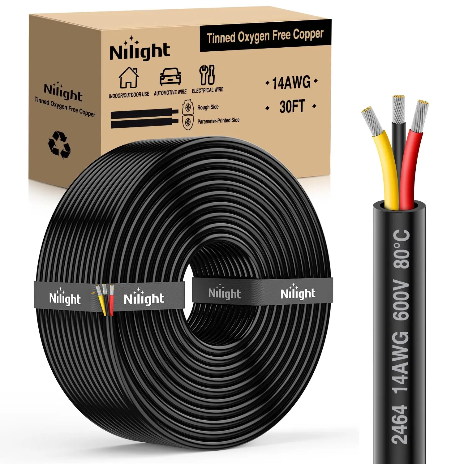 Nilight 14AWG 3-Conductor Copper Wire Cable, 30FT Tinned Oxygen-Free PVC+Copper Cord, Red-Black-Yellow Parallel Wires, 600V DC Water-Resistant Flexible Extension for LED Strips, Lamps (Solder & Cord Organization Support)