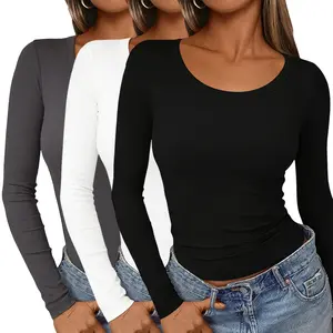 Women’s 3 Pack Base Layer Tops – Long Sleeve Round Neck Textured Knit, Fitted Stretch Modern Fashion
