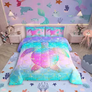Mermaid Scales Comforter Set for Girls,Tortoise Reptile Bedding Set,Sea Turtle Ocean Life Duvet Sets for Boys Women,Sweet Girly Down Comforter