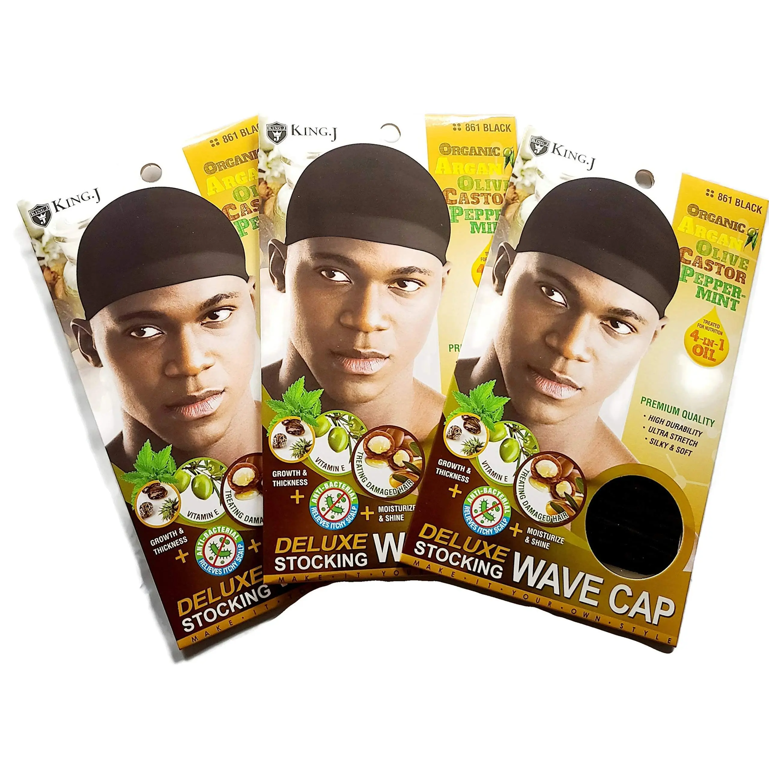 Healthy Treated Wave Deluxe Stocking Wave Cap for Men, Black, 3-Pack