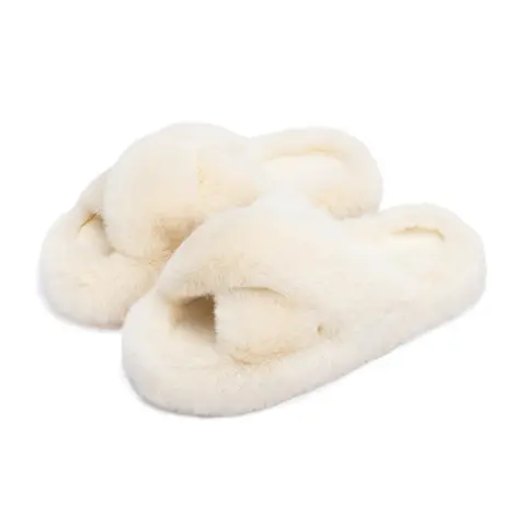 Chantomoo Faux Faur Memory Slippers for Women Cross Band Fuzzy Plush Lined Anti-Skid House Shoes Gift