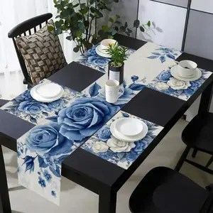 1 piece/5 pieces of blue rose flower pattern dining table runway, placemat, Floral pattern placemat, suitable for seasonal decoration in kitchens and restaurants, family holiday gatherings, indoor and outdoor party accessories, daily use