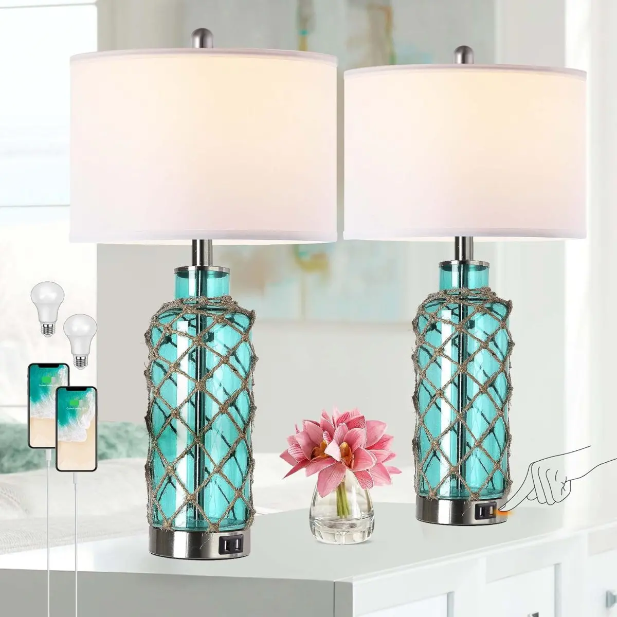 Set of 2 Coastal Nautical Table Lamps Touch Control 3-Way Dimmable Built-in 2 USB Ports Blue Green Glass Rope Net Metal Base White Shade with Free 2700K LED Bulbs for Bedroom Living Room