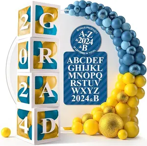 Balloon Box Decorations (4 White Boxes) with Peel & Stick Letters for BABY Custom NAME or GRAD, Birthday Party Decor, Gender Reveal Decorative Blocks