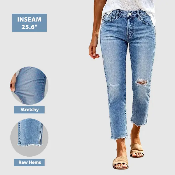 Flamingals Wash Ripped Raw Hem Mid Rise Straight Leg Crop Jeans Womenswear Stretchy 25.6" Inseam