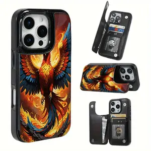 Cool Animated Fire Phoenix Pattern Leather Card Holder Phone Case, Suitable for iPhone 17 Air/16 Plus/15 Pro Max/14 Pro/13/12/11/XS Max/X Phone Case, Perfect Gift for Thanksgiving and Christmas for Family, Friends, Lovers, Boyfriend, Girlfriend
